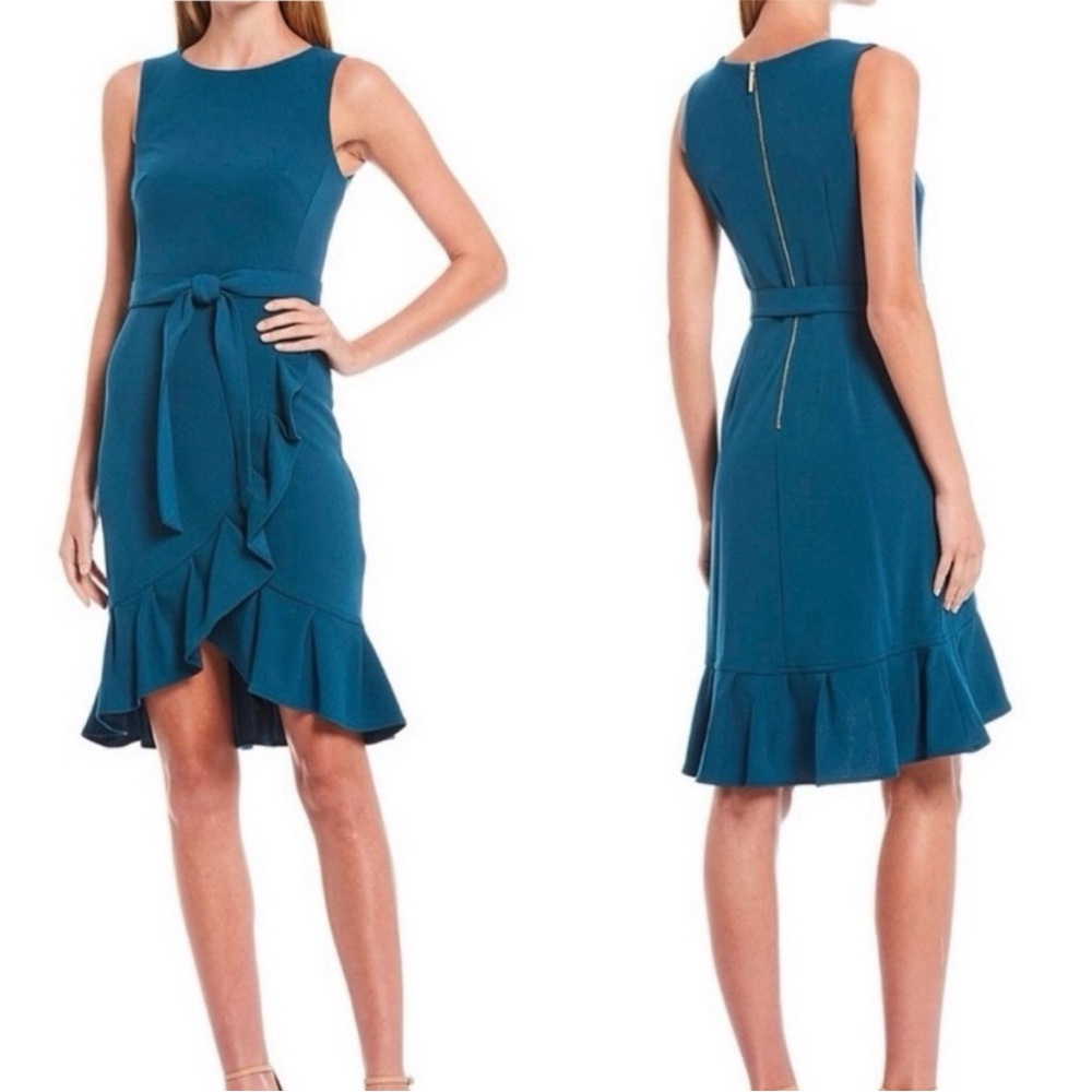 Calvin Klein ruffle sheath dress tie waist flounce hem size 4 teal - Picture 2 of 13